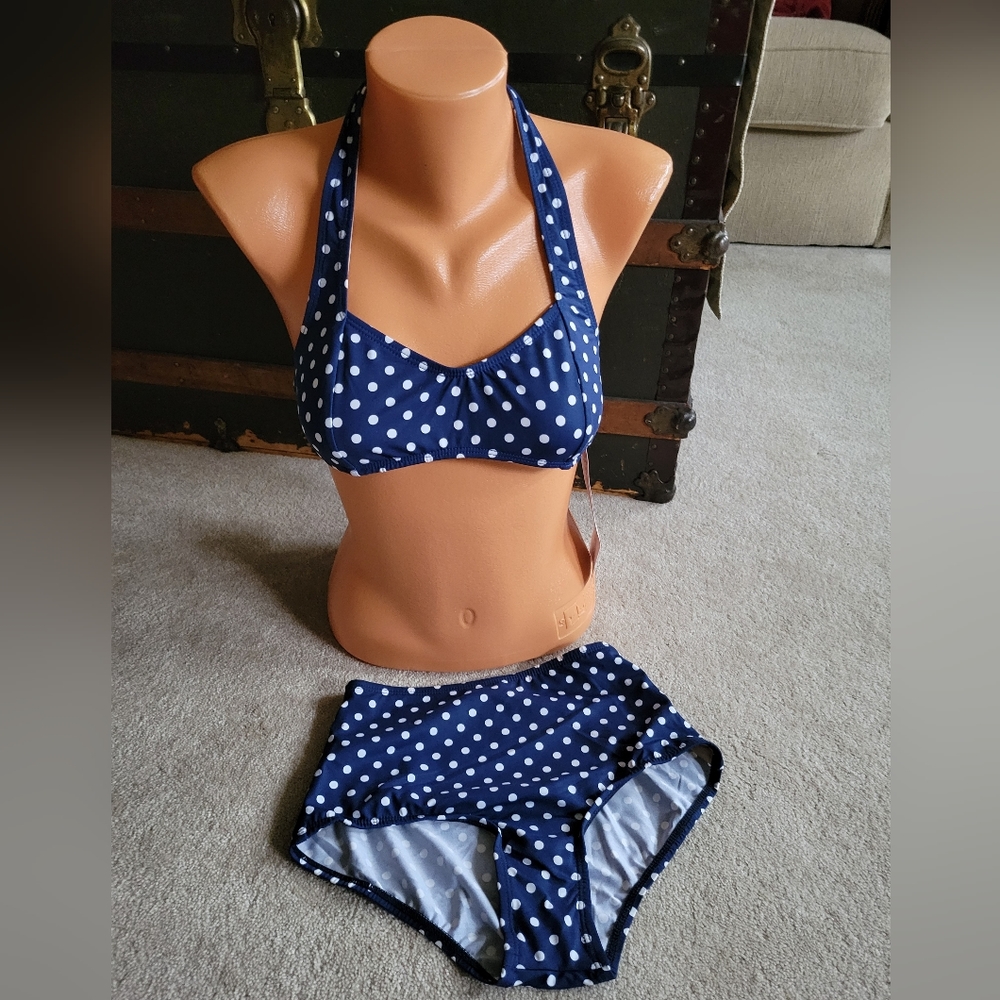 Girlhowdy 2pc Bikini Set Sz 4 Blue White Polka Dots Bikini Top and Bottom NEW